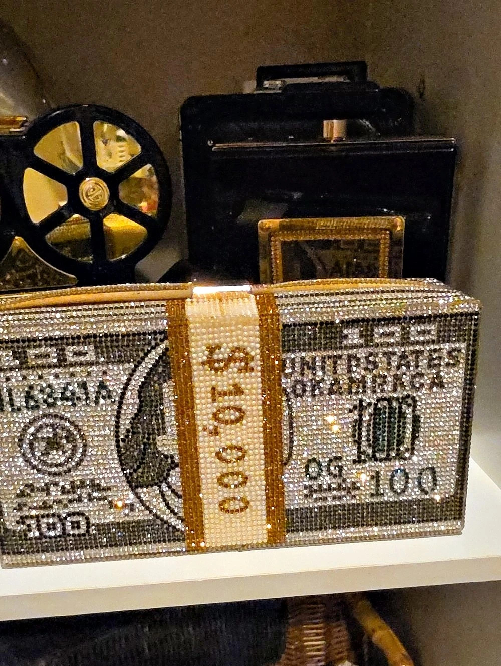 Embellished Money Print Clutch in Silver & Gold